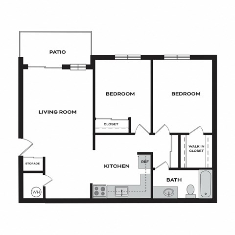 Floor plan for 2 beds, 1 bath, 860 sqft